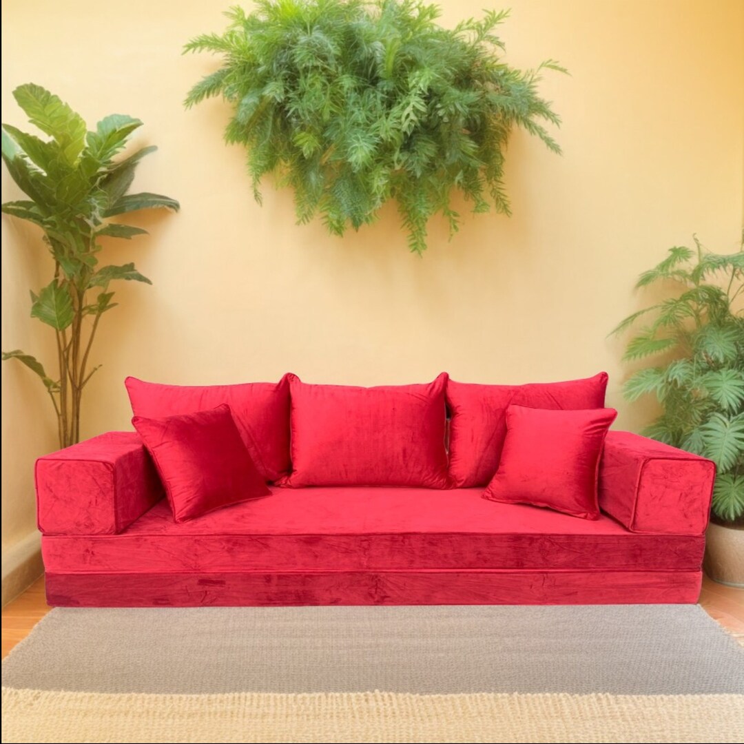 Arabic Majlis - Red Velvet Floor Sofa Set - Bohemian Lounge Seating ...