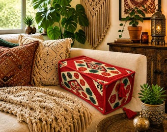 Handmade rectangular kilim bolster cushion cover with double-sided woven fabric and tassels