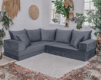 Grey Plush Velvet Floor Sofa Set – Modular Corner Seating, Majlis Style