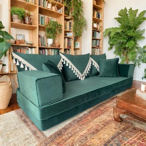Modular Green Velvet Floor Sofa Set - Bohemian Lounge Seating, Arabic Majlis Inspired, Floor Cushion Comfort, Home Decor Furniture