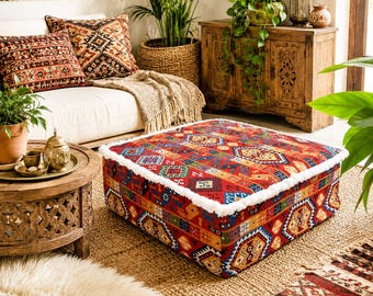 Handmade Moroccan Pouffe Cover 60x60x20cm | Kilim Floor Cushion Cover | Boho Ottoman Cover | Jacquard Footstool Cover | Floor Seating Decor
