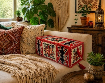 Handmade rectangular kilim armrest bolster cushion cover with double-sided woven fabric and tassels