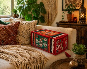 Handmade rectangular Turkish kilim bolster armrest cushion cover with double-sided woven fabric and tassels