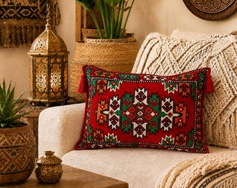 Handmade Turkish Kilim Cushion Cover 65 x 45 cm | Double Sided Lumbar Pillow Cover with Tassels | Boho Moroccan Farmhouse Sofa Decor