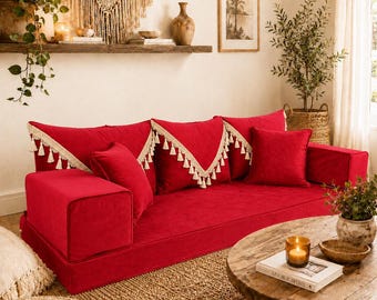Handgefertigtes Sofa Set aus rotem Samt - Boho Majlis Lounge Sitzmöbel