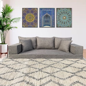 Dark Grey Linen Floor Sofa Set - Three Seater Bohemian Lounge Seating, Arabic Majlis Inspired, Floor Cushion Comfort, Home Decor Furniture