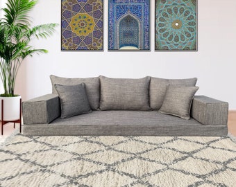 Dark Grey Linen Floor Sofa Set - Three Seater Bohemian Lounge Seating, Arabic Majlis Inspired, Floor Cushion Comfort, Home Decor Furniture