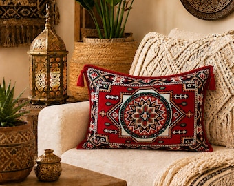 Handmade Turkish Kilim Cushion Cover 65 x 45 cm | Double Sided Lumbar Pillow Cover with Tassels | Boho Moroccan Farmhouse Sofa Decor
