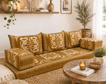 Handmade Arabic Majlis Floor Sofa Set, Bohemian Boneless Moroccan Lounge Couch