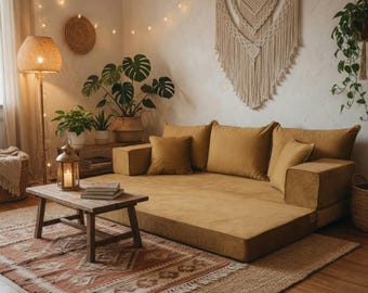 Gold Velvet Majlis Floor Sofa – Modular Double Base Lounge Seating, Arabic Inspired Couch Bed