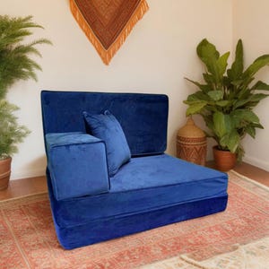 PLUSH Midnight Navy Velvet Single Seater Floor Sofa Set – Bohemian Lounge Seating, 5-Piece Modular Cushions