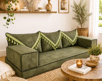 Handmade Forest Green Velvet Arabic Majlis Sofa Set – Bohemian Majlis Lounge Seating
