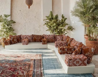 Moroccan Floor Sofa | Modular Corner Seating | 300x300cm | Custom Made to Order | Plush Velvet & Jacquard | Firm Foam | Majlis Boho Set
