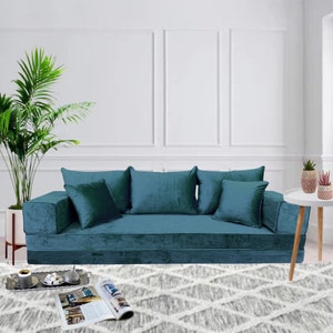 Modular Green Velvet Floor Sofa Set - Bohemian Lounge Seating, Arabic Majlis Inspired, Floor Cushion Comfort, Home Decor Furniture