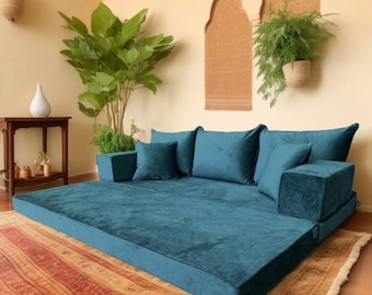 Set di divani da pavimento modulari in velluto verde - posti a sedere Boho Lounge, ispirazione araba Majlis, comfort del cuscino da pavimento, mobili per la casa