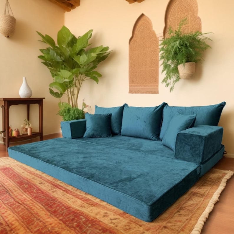 Custom Plush Velvet Floor Sofa Set in Green Colour - Handcrafted Bespoke Seating with Arabic Majlis, Moroccan, Bohemian, Farmhouse, and Modular Design Elements - Unique Home Decor Furniture