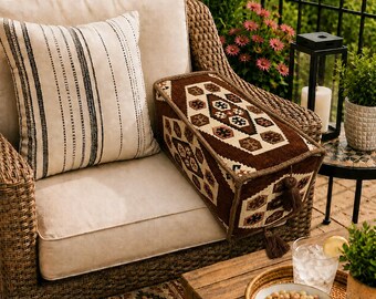 Handmade rectangular kilim bolster cushion cover with double-sided woven fabric and tassels