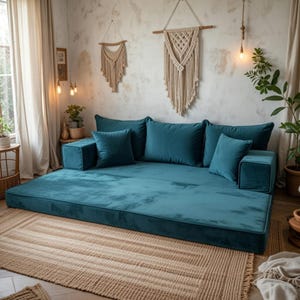 Green Velvet Modular Majlis Sofa – Double Base Lounge Seating, Bohemian Arabic Floor Couch Bed