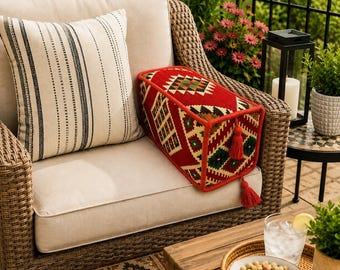 Handmade rectangular Turkish kilim bolster armrest cushion cover with double-sided woven fabric and tassels