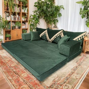 Modular Green Velvet Floor Sofa Set - Bohemian Lounge Seating, Arabic Majlis Inspired, Floor Cushion Comfort, Home Decor Furniture