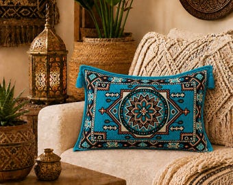 Handmade Turkish Kilim Cushion Cover 65 x 45 cm | Double Sided Lumbar Pillow Cover with Tassels | Boho Moroccan Farmhouse Sofa Decor