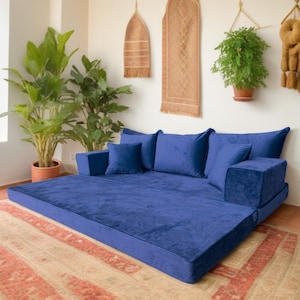 Marineblaues Samtboden-Sofaset - Inspiriert von Boho und arabischer Majlis-Ästhetik, ultimativer Bodenkissenkomfort für Ihre Wohnkultur