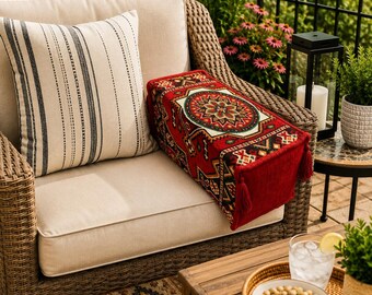 Handmade rectangular Turkish kilim bolster armrest cushion cover with double-sided woven fabric and tassels