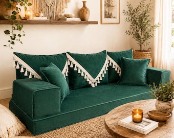 Handmade Green Velvet Floor Sofa Set – Bohemian Majlis Lounge Seating