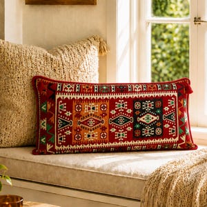 May include: A rectangular red cushion with a detailed geometric pattern in orange, green, black, and white. The cushion has a red border and is placed on a window seat next to a beige cushion.