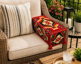 Handmade rectangular Turkish kilim bolster armrest cushion cover with double-sided woven fabric and tassels