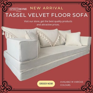 Beige Velvet Floor Sofa Set - Three Seater Bohemian Lounge Seating, Arabic Majlis Inspired, Floor Cushion Comfort, Home Decor Furniture