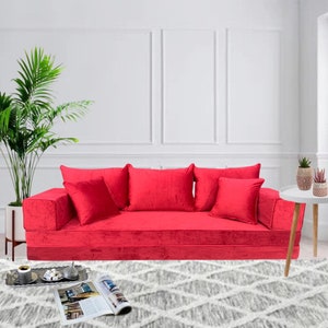 Red Velvet Floor Sofa Set - Red Bohemian Lounge Seating, Arabic Majlis Inspired, Floor Cushion Comfort, Home Decor Furniture