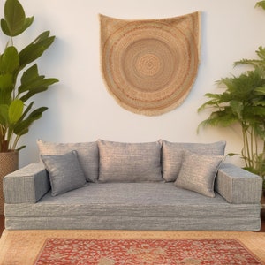 Grey Natural Linen Sofa Set - Bohemian Lounge Seating, Arabic Majlis Inspired, Moroccan Floor Cushion Comfort, Home Decor Furniture