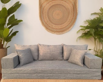 Conjunto de sofás de lino natural gris - Asientos de salón boho, inspiración árabe Majlis, comodidad de cojín de suelo marroquí, muebles de decoración del hogar