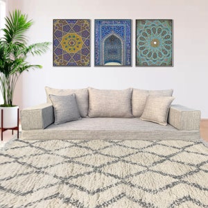 Grey Linen Floor Sofa Set – Arabic Majlis Seating, Bohemian Cushions