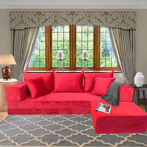 Red Velvet Floor Sofa Set – Bohemian Majlis Lounge, Home Furniture