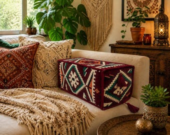 Handmade rectangular kilim bolster armrest cushion cover with double-sided woven fabric and tassels