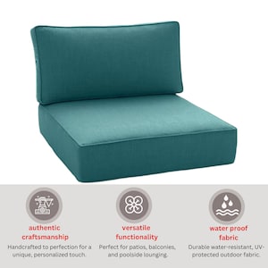 Puede incluir: Juego de cojines para sillas de exterior de color turquesa. El juego incluye un cojín de asiento y un cojín de respaldo. Los cojines están hechos de tela resistente al agua y protegida contra los rayos UV. El texto incluye "authentic craftsmanship".