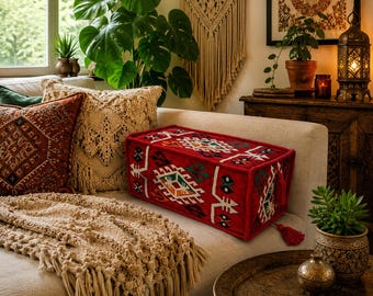 Handmade rectangular kilim bolster cushion cover with double-sided woven fabric and tassels