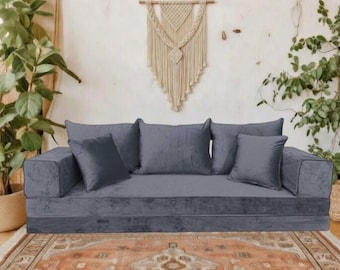 Grey Velvet Majlis Floor Sofa – Modular Arabic Inspired Lounge Seating