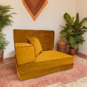 PLUSH Antique Gold Velvet Floor Sofa Set – Bohemian Lounge Seating, 5-Piece Modular Cushions