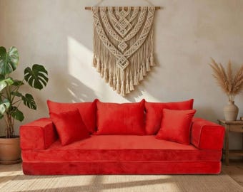 Conjunto de sofás de suelo de terciopelo rojo – Asientos de salón inspirados en el majlis árabe