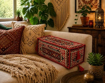 Handmade rectangular Turkish kilim bolster armrest cushion cover with double-sided woven fabric and tassels