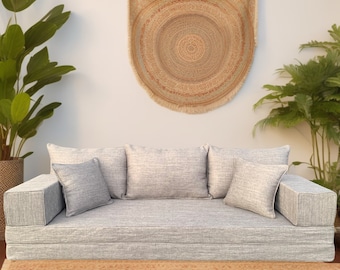 Graues Sofa-Set aus Naturleinen – Boho-Lounge-Sitzgelegenheit, arabische Majlis-inspiriert, marokkanischer Bodenkissen-Komfort, Heimdekor-Möbel