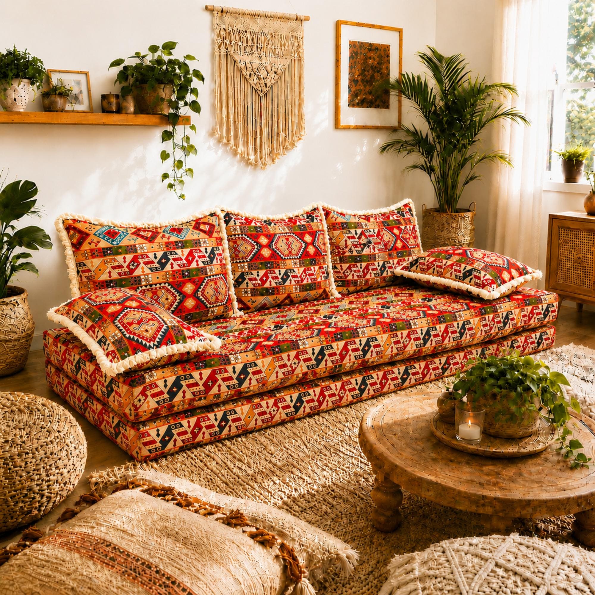 Handmade Moroccan Floor Sofa Set, Bohemian Arabic Majlis Sofa