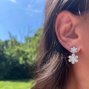 14K White Gold Round and Baguette Diamond Double Flower Hanging Earrings
