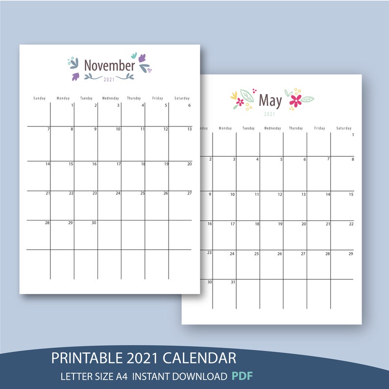Printable Calendar 2021, , Handlettering, Monthly Calendar, , Desk ...