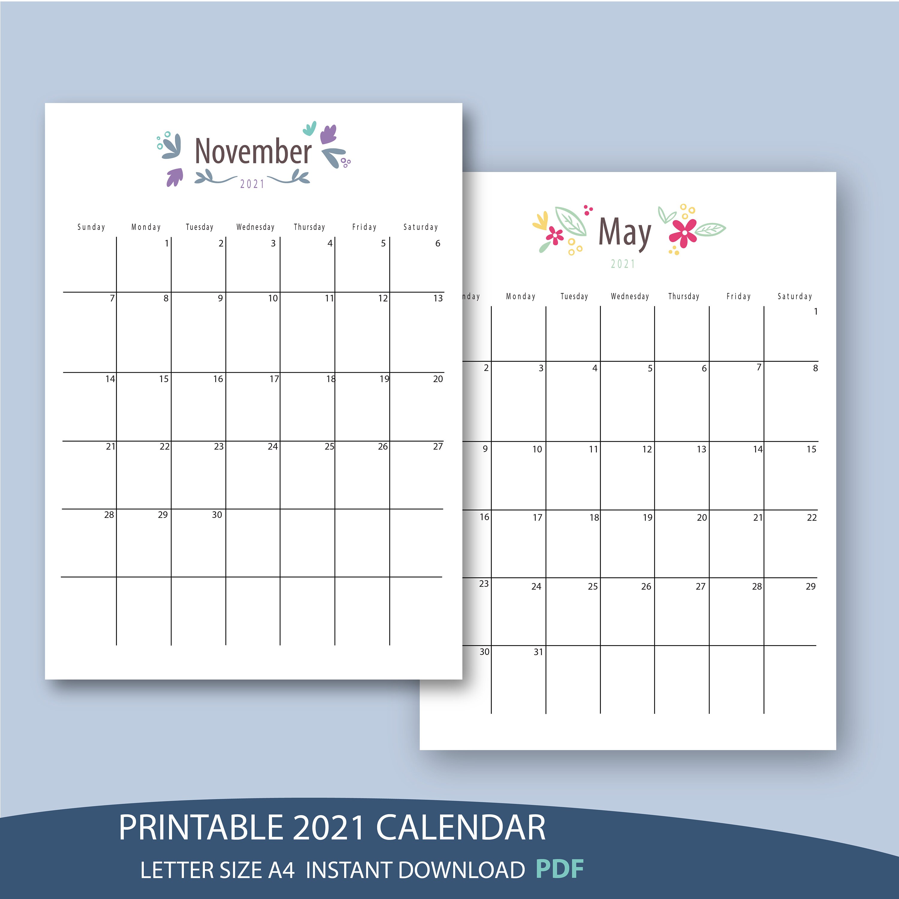 Printable Calendar 2021, , Handlettering, Monthly Calendar, , Desk ...