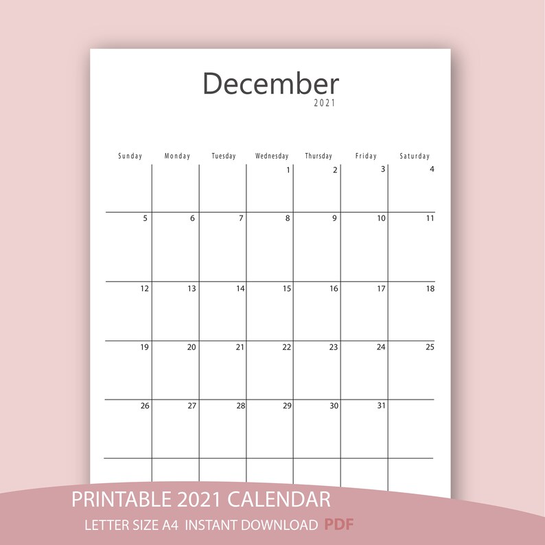 Printable Calendar 2021, , Handlettering, Monthly Calendar, , Desk ...