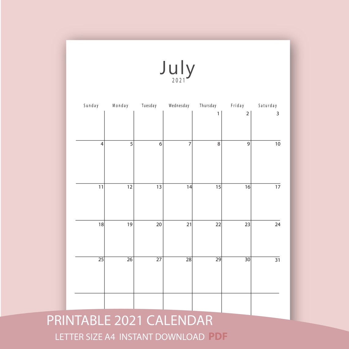 Printable Calendar 2021, , Handlettering, Monthly Calendar, , Desk ...